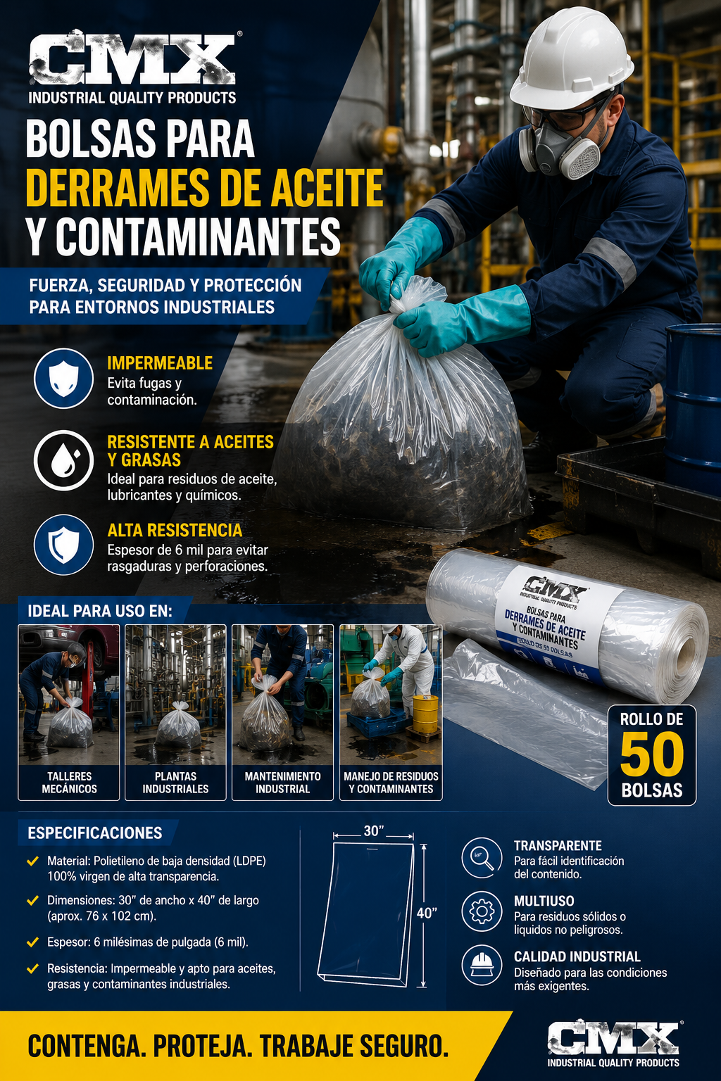 Bolsas para Derrames de Aceite y Contaminantes – Rollo de 50 - Image 2